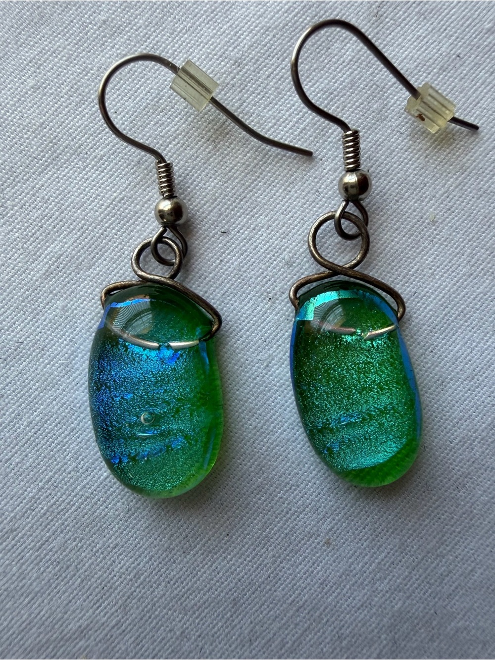 Green Blue Art Glass Dangle Earrings Silver Tone